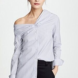 NWT Victoria Beckham One-Shoulder Navy Pinstriped Button Down Shirt